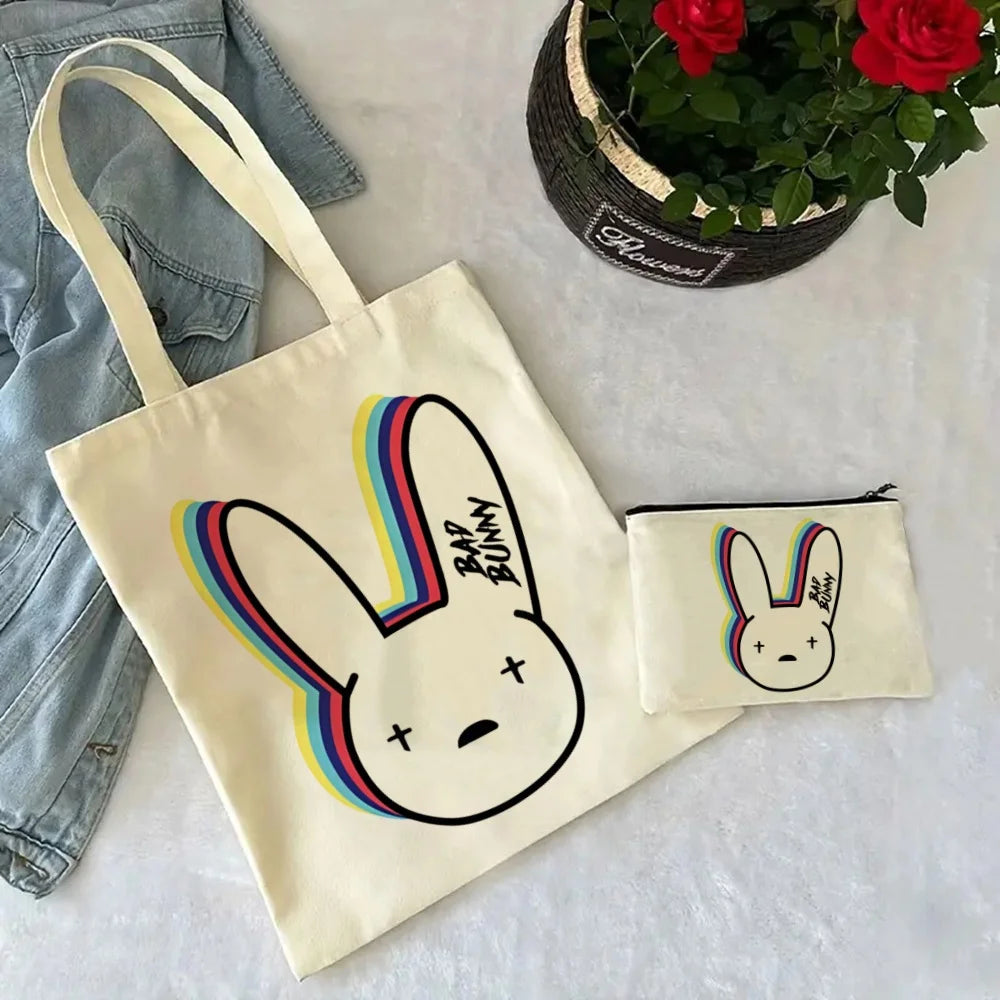 Un Verano Sin Ti Gift Bag Set, Bad Bunny Print Tote Bag, Casual Canvas Shoulder Bag with Mini Storage Bag