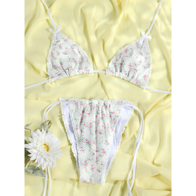 Plaid Print Bikinis Bow Swimwear Women Swimsuit Triangle Bikini Set Bandage Bath Suit Low Waist Thong Beachwear New Biquini