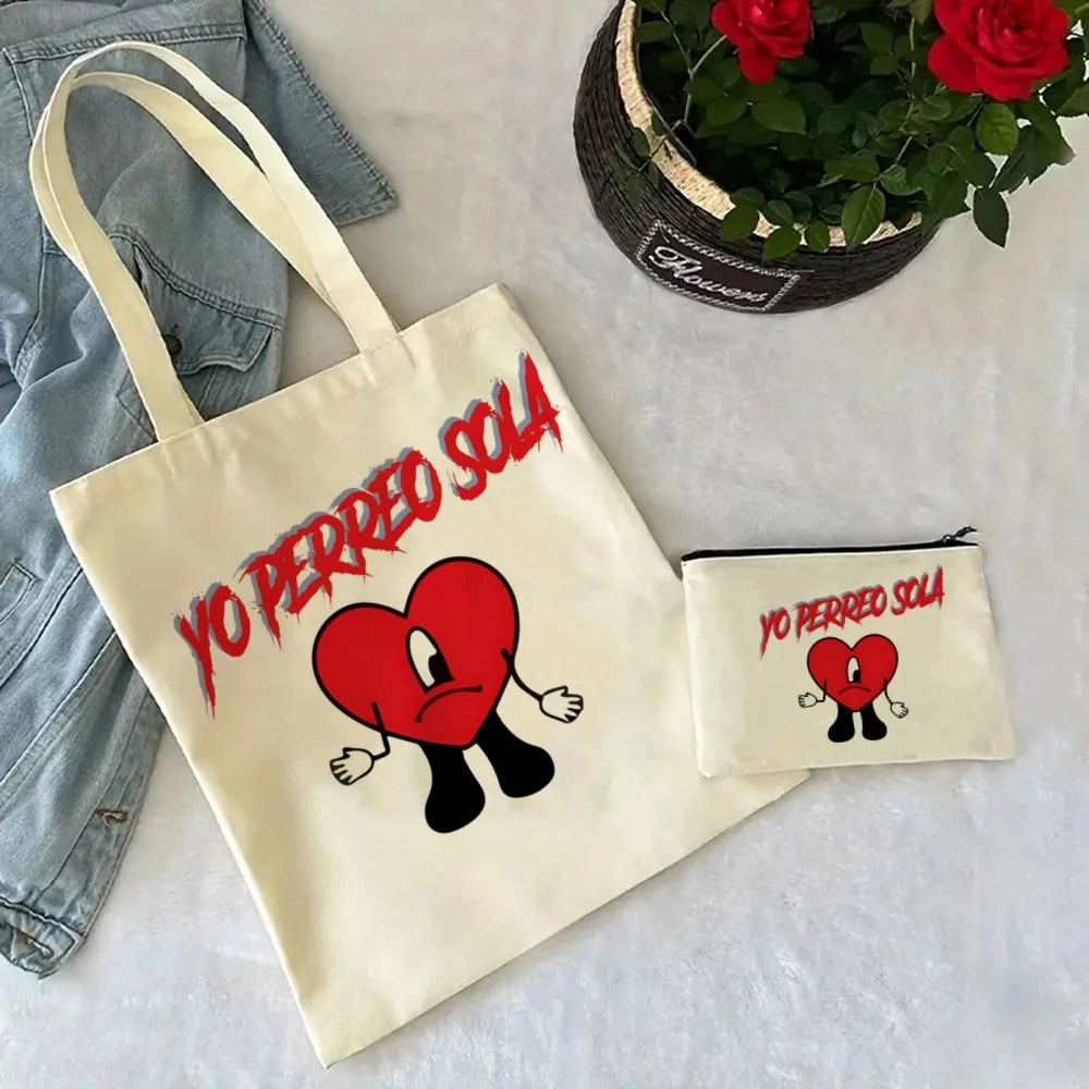 Un Verano Sin Ti Gift Bag Set, Bad Bunny Print Tote Bag, Casual Canvas Shoulder Bag with Mini Storage Bag