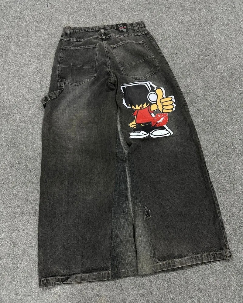 Y2K Harajuku Retro Washed Baggy Jeans Street Hip-hop Anime Printed Wide Pattern Straight Pants Men Trendy Brand Casual Trousers