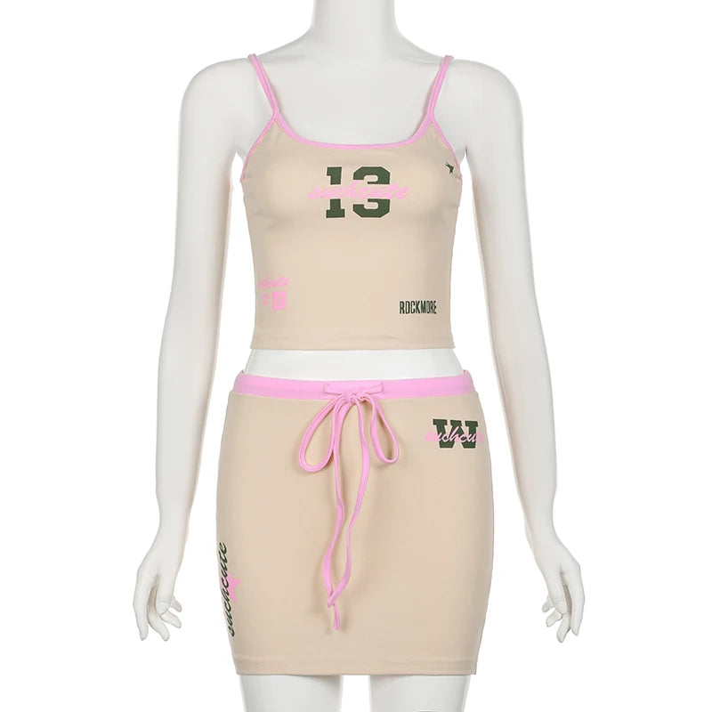 Cuteandpsycho Letter Print Two Pieces of Sets Women's Aesthetic Sexy Fashion Camisole and Mini Skirts Outfit Casual Summer Cloth