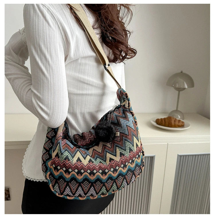 Wave Pattern Design Crossbody Bag for Women New Large Capacity Canvas Shoulder Bag Versatile College Students Dumplings Bag