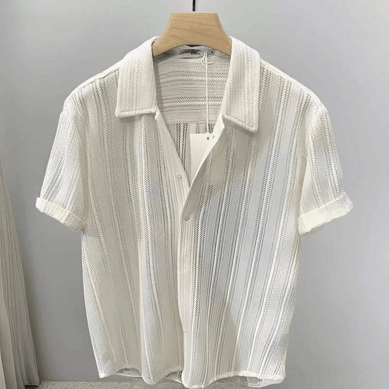 New High-End Hollow Design Men's Summer Thin Short-Sleeve Shirt - Lapel Casual Top