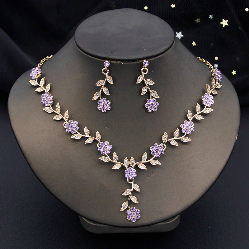 16 Colors Flower Jewelry Set Exquisite Rhinestone Pendant Party Women Fashion Romantic Choker Necklace Earring Accessory Set