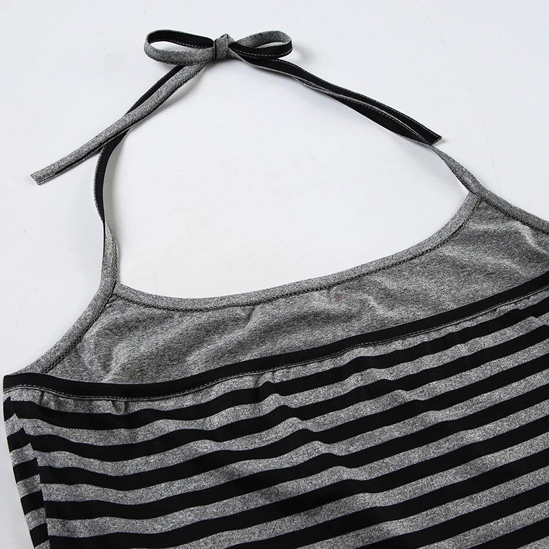 Fashion Stripe Simple Halter Tops + A-Line Mini Skirts Women’ Set Causal Design Trendy Clothing
