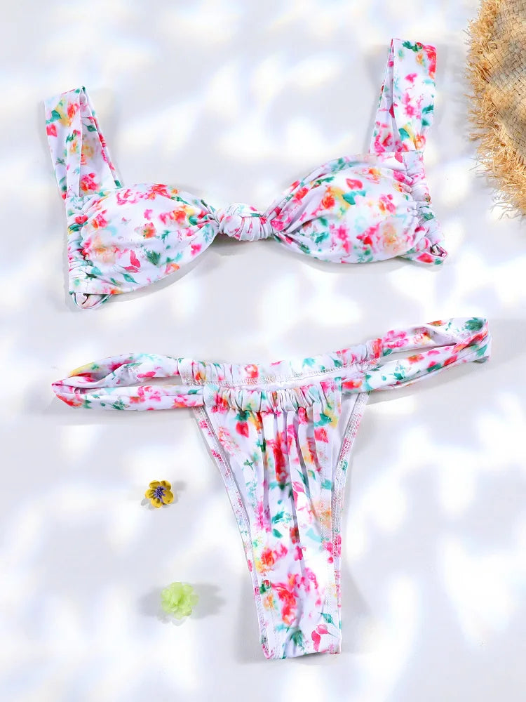 Plaid Print Bikinis Bow Swimwear Women Swimsuit Triangle Bikini Set Bandage Bath Suit Low Waist Thong Beachwear New Biquini