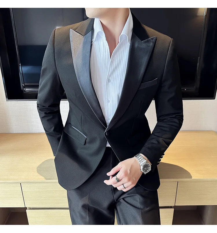 ( Jacket + Vest + Pants ) High-end Brand Boutique Fashion Men's Casual Business Black Smoking Suit Groom Wedding Dress Tuxedo
