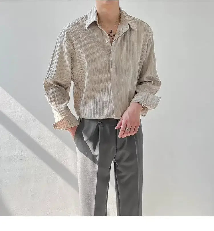 Trendy Stylish Striped No-iron Shirt Autumn Texture Top Korean Version Loose-fit Casual Long Sleeves Shirt For Men