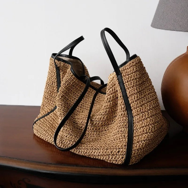 Vintage Lafite Grass Weave Straw Bags Luxury Design Vacation Style Large Capacity Shoulder Bag Summer Shopping Beach Tote Bag