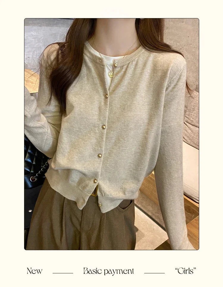 Solid Color Knitted for Women Cardigan Korean Single Breasted Long Sleeve Jumper Woman Round Neck All Match Cardigans Outwear