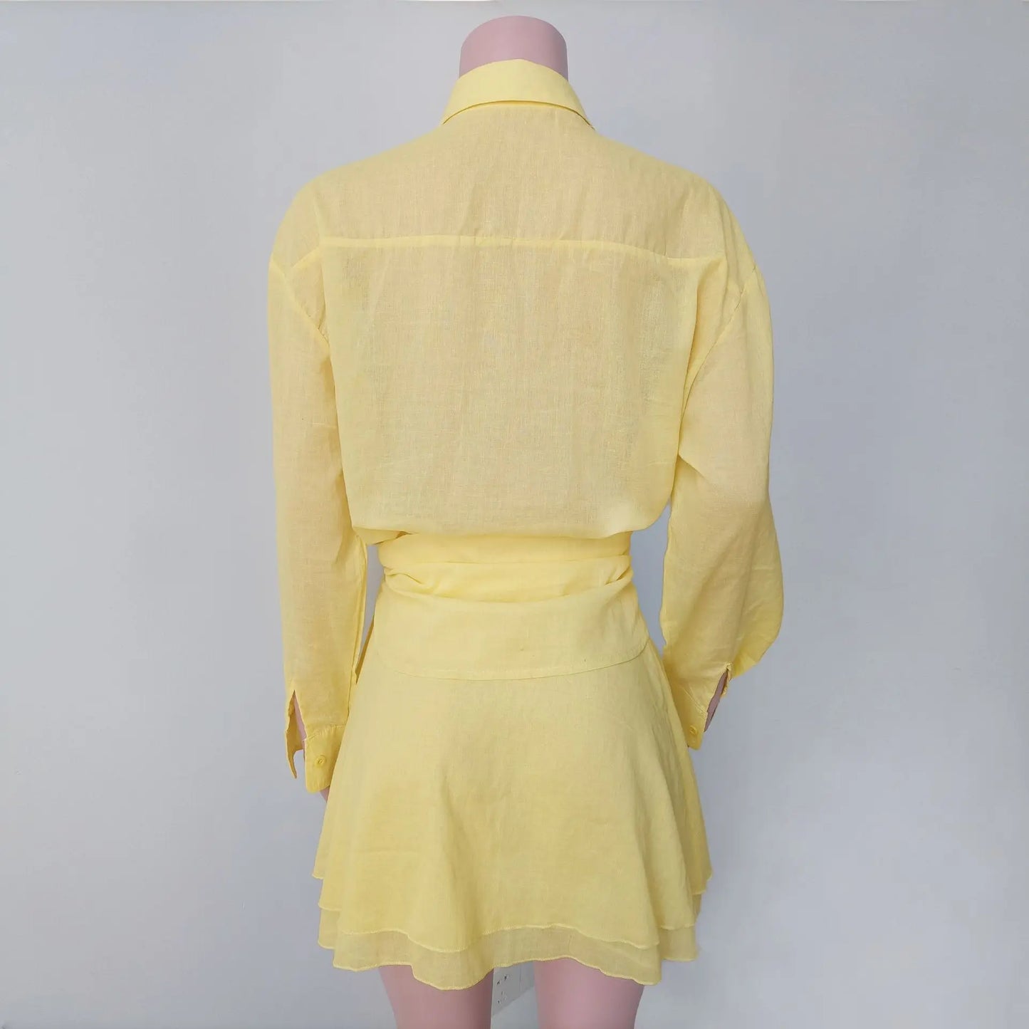 Casual 2 Piece-Set Summer Female Cover up And Ruffled Mini Skirt Lace-Up Beach Holiday See-Through Loose Women's Outfits