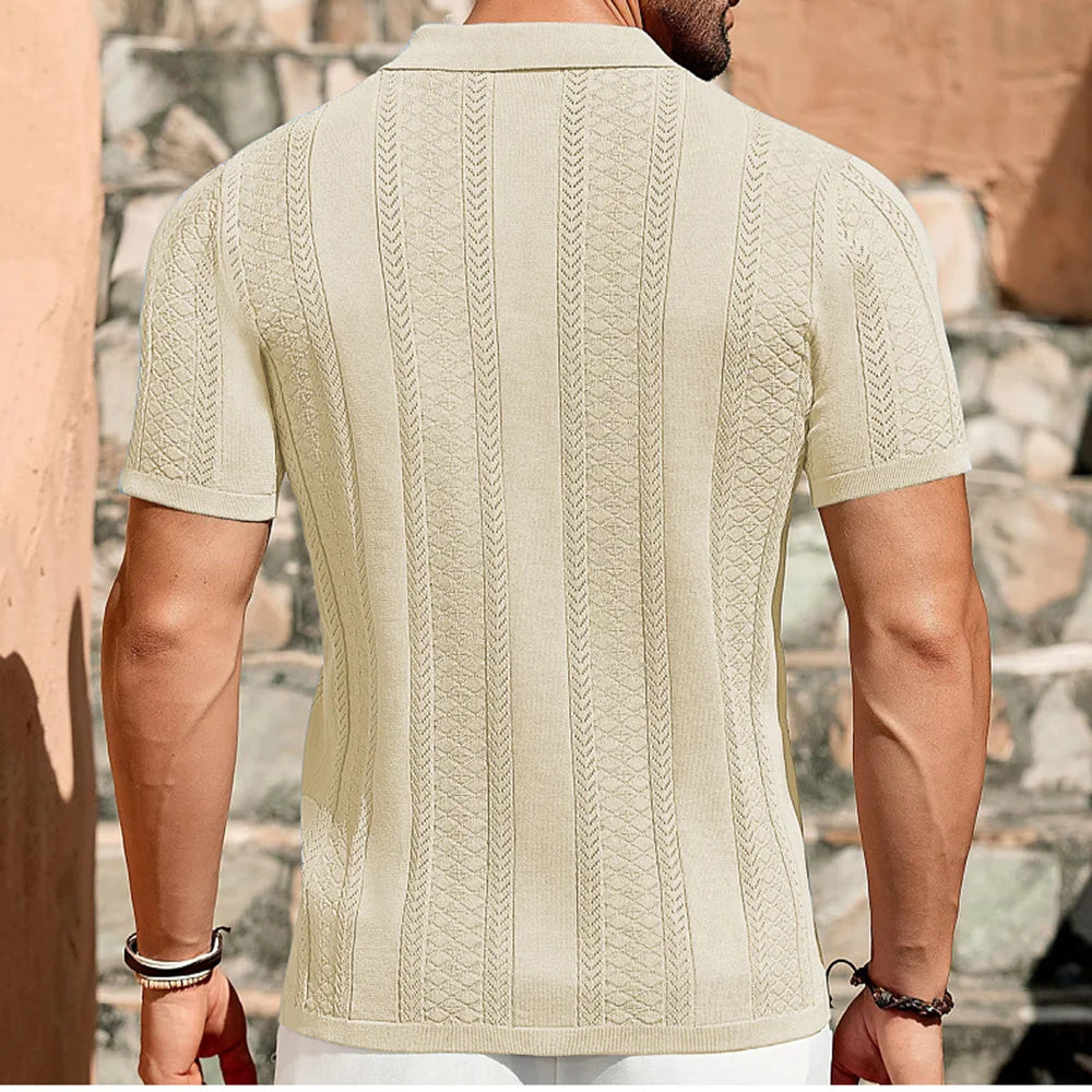 2025 Summer Men's Striped Hollow Solid Color Short Sleeve Knitted POLO Shirt Retro Casual Fashion Trend Simple Loose Men's Tops