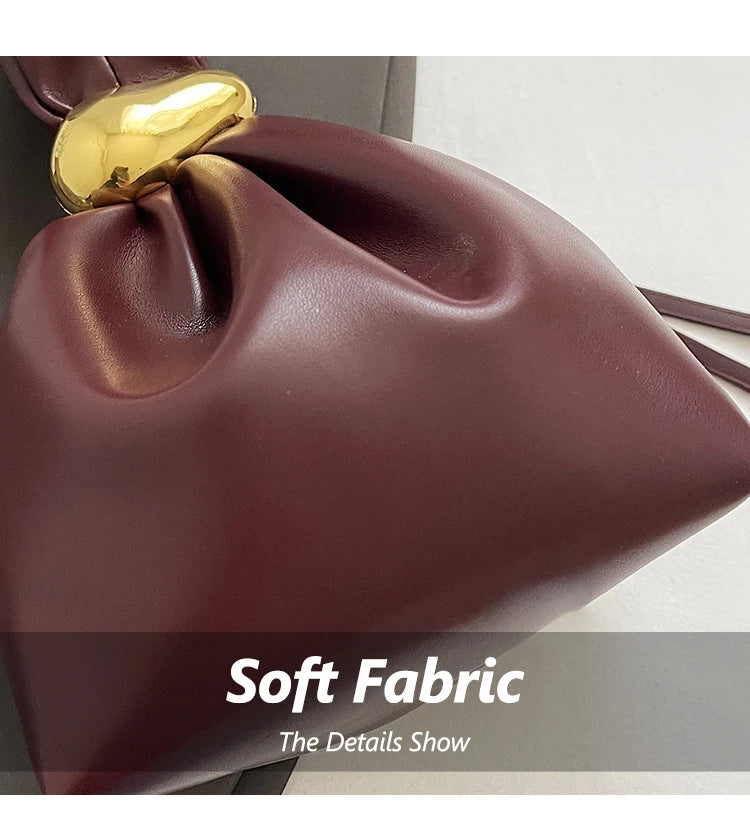 Solid Color PU Leather Handbag Pleated Cloud Shaped Women Bucket Bag, Fashionable Burgundy Women's Luxury Bag