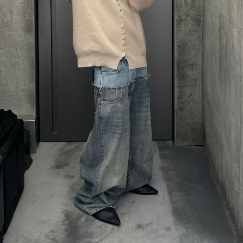 CUT-UP Double-layer Double Waist Patchwork Baggy Jeans for Men and Women Straight Casual Loose Denim Trousers Oversized