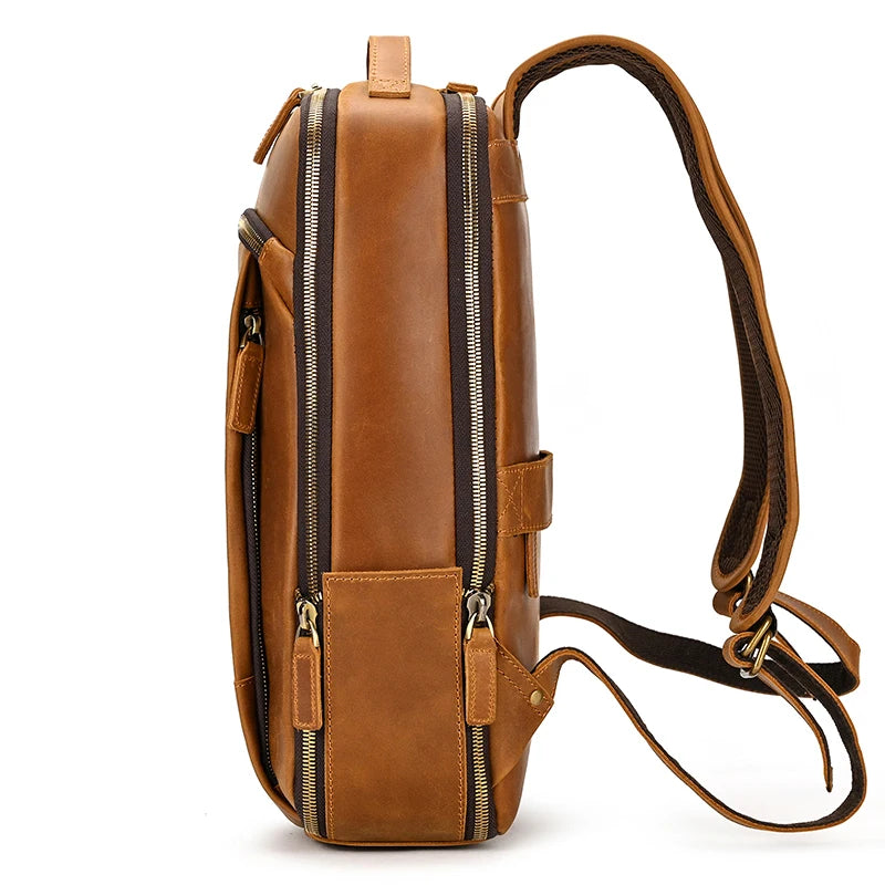 Vintage Travel Backpack leather double zipper bagpack male crazy horse leather backpack handmade leather travel bag men bag