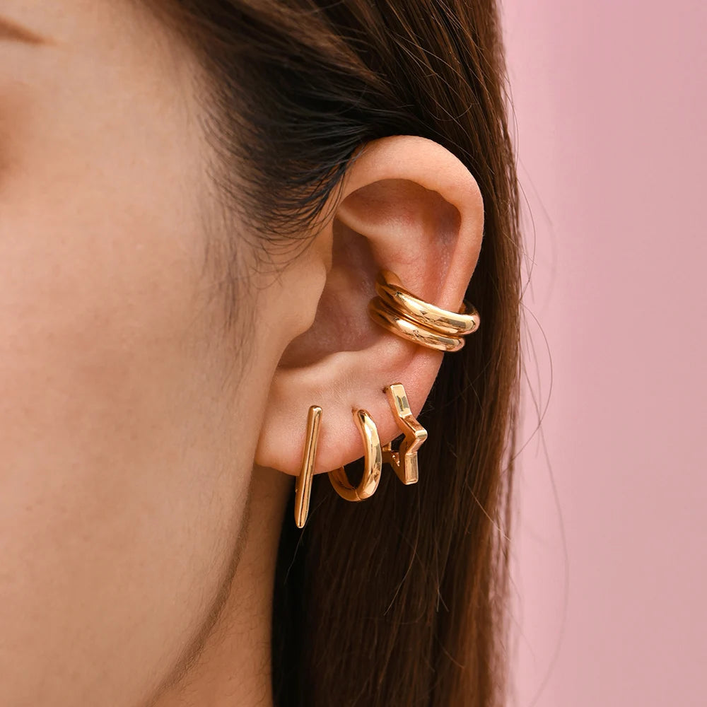 Punk Rock Helix Fake Cartilage Ear Cuff with Long Chain Circle Hoop Earrings Set for Women Tiny Piercing Huggie Earring Jewelry