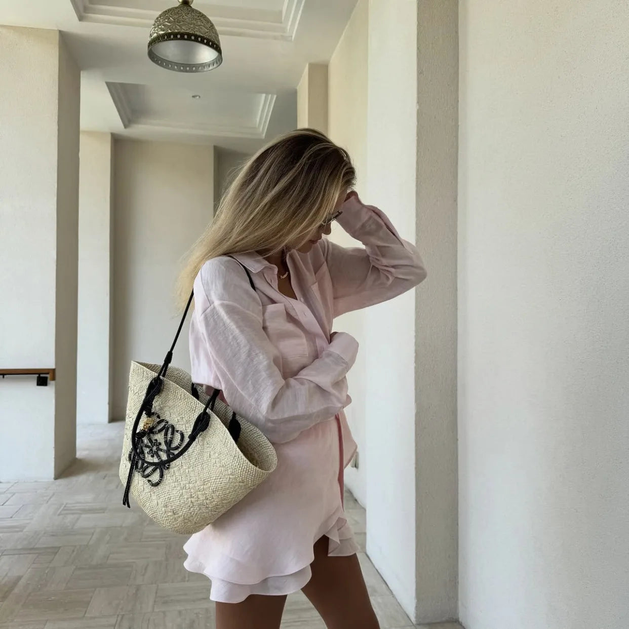 Casual 2 Piece-Set Summer Female Cover up And Ruffled Mini Skirt Lace-Up Beach Holiday See-Through Loose Women's Outfits
