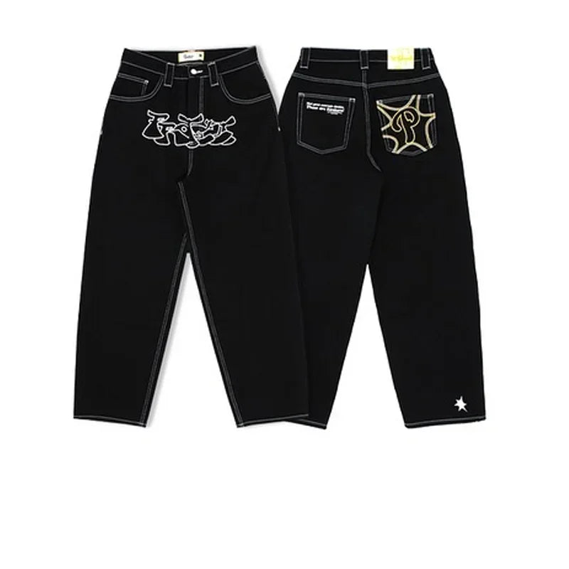Y2K New American Retro Hip-Hop Cherry Blossom Dragon Print Loose Jeans For Men and Women Gothic Hip-Hop Casual Joker Street Wear