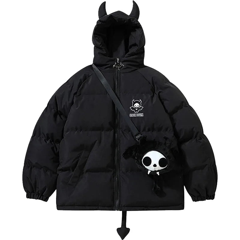 Cotton-Padded Hip Hop Parkas Men Devil Horns Winter Hooded Down Jacket Retro Y2K Thicken Puffer High Street Loose Bubbles Coats