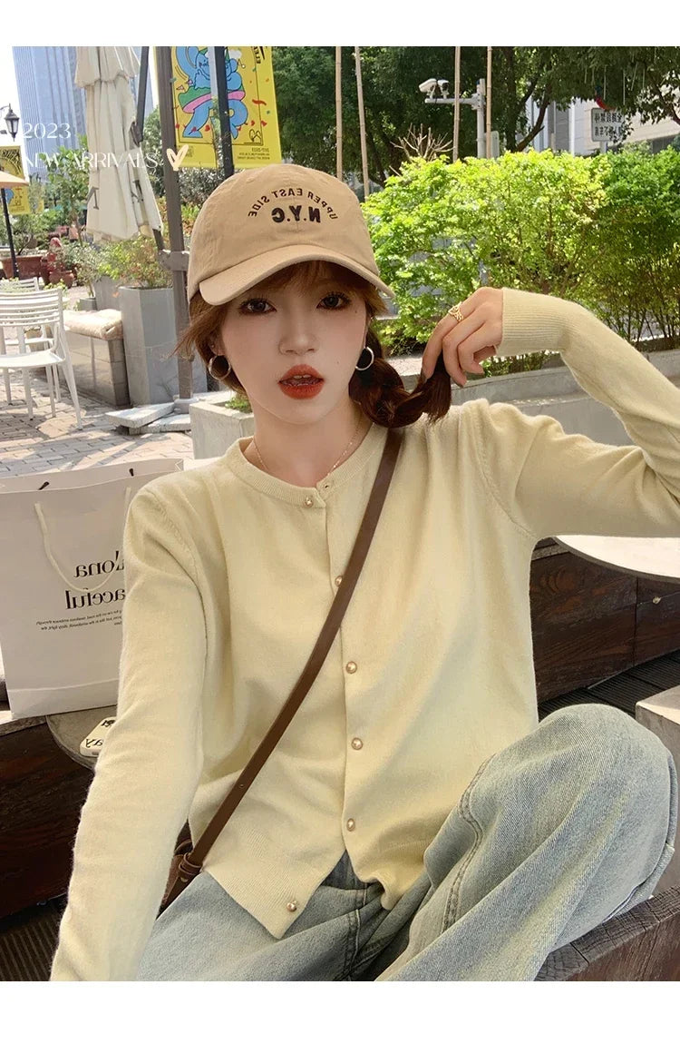 Solid Color Knitted for Women Cardigan Korean Single Breasted Long Sleeve Jumper Woman Round Neck All Match Cardigans Outwear