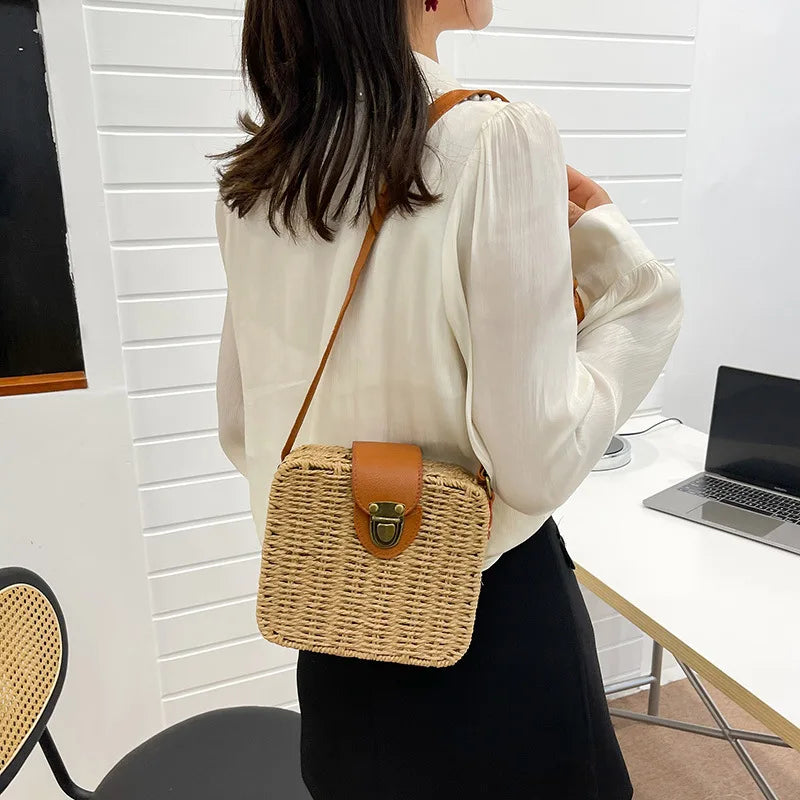 Hand-woven Women Straw Bag Ladies Shoulder Bags Beach Travel Crossbody Bag Female Small Rattan Box Handbag Shopper Totes Bohemia