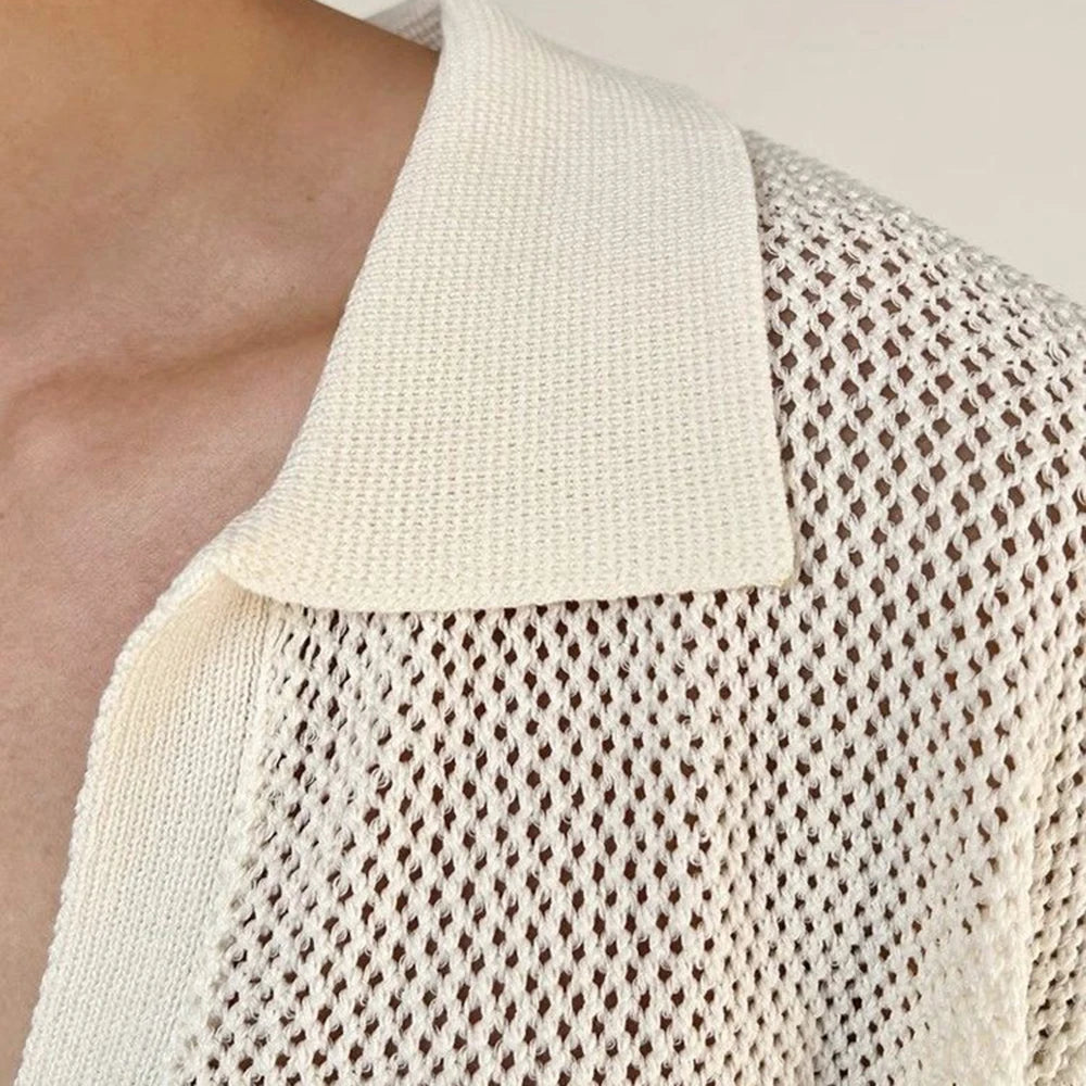 Summer New Men's Hollow Solid Color Knitted Short-Sleeved T-Shirt Retro Fashion Trend Casual Simple Loose Breathable Men's Tops