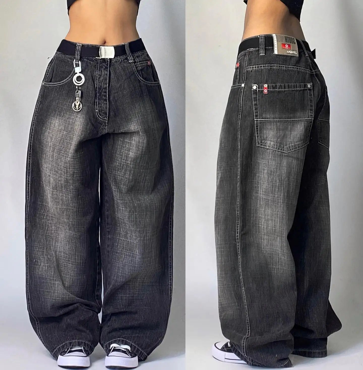 American New Fashion Geometric Pattern Embroidered Baggy Jeans Women Y2K Harajuku Vintage Hip-hop Popular Casual Wide-leg Pants