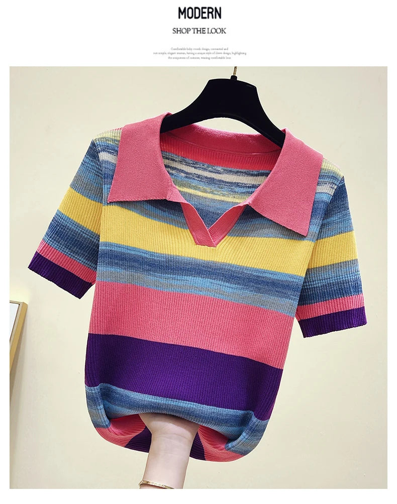 Summer Korean Knitted Tshirt Sweater For Women Rainbow Striped Stylish Fashion Loose Tops Shirt Short Sleeve Knitwear 2023