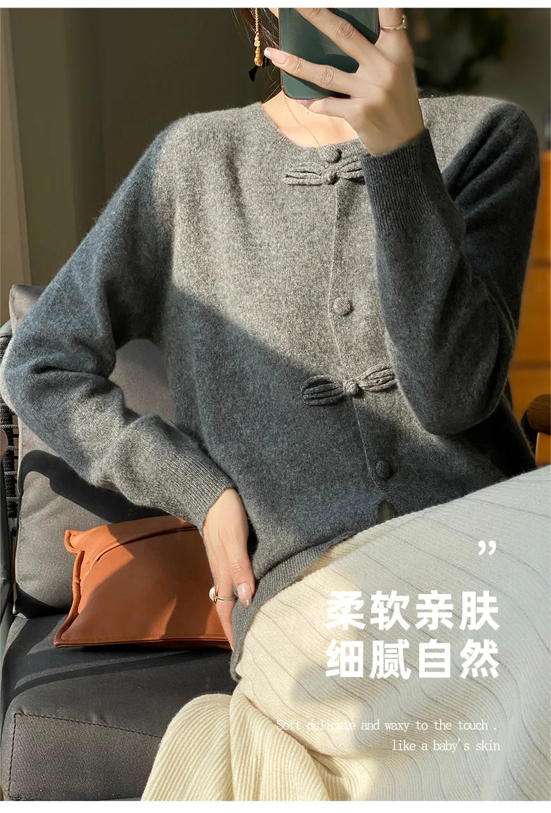Women New Fashion Autumn Winter 100% Merino Wool Sweater O-neck Chinese Style Buckle Cardigan Soft Knitwear Female Clothing Tops