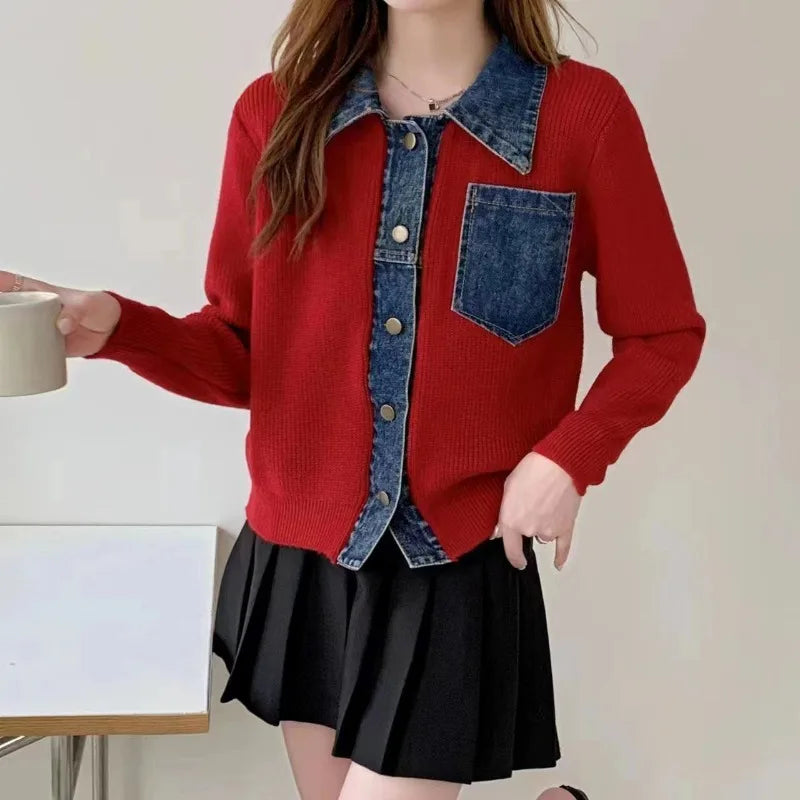 Women's Trendy Vintage Denim Patchwork Single Breasted Knitted Cardigan Autumn Casual Long Sleeve Loose Chic Pocket Sweater Coat