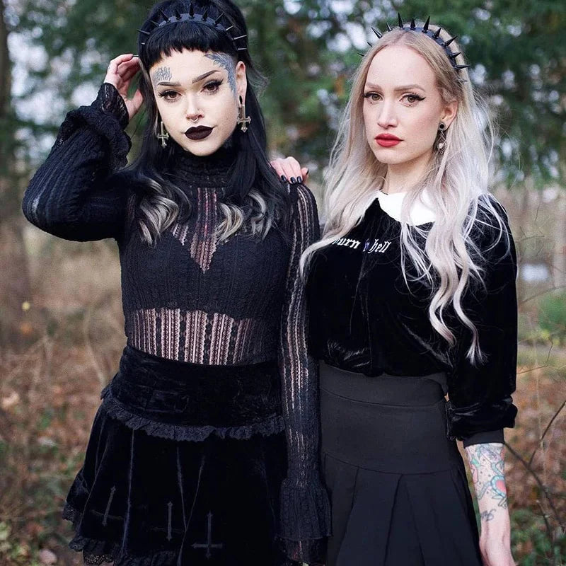 Goth Dark Mall Gothic Aesthetic Velvet Pleated Mini Skirts Women Vintage Harajuku Emo Alt Clothes High Waist Lace Ruffles Skirt