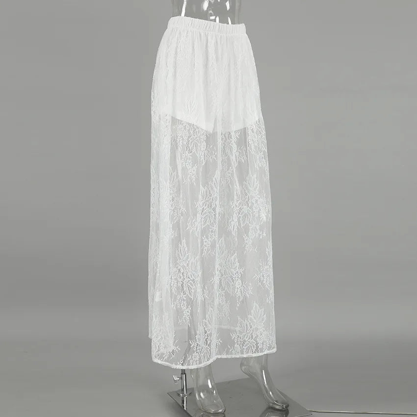 Talenza Lace See-through Skirt Women's White Floral High Waist Patchwork Skirt Lady Summer Sexy Party Elegant A-Line Long Skirt