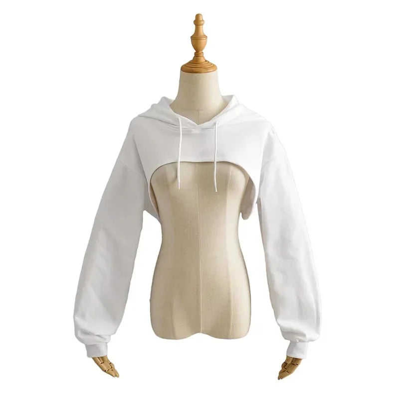 YPFF Spring New Style European Cropped Sports Drawstring Hooded Sweatshirt Women's Solid Color Versatile Long Sleeve Hooded Top