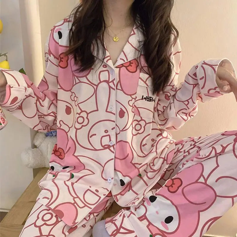 Cartoon Sanrio My Melody Long-Sleeved Pajamas Set Kawaii Cinnamoroll Printing Spring Autumn Thin Cute Girls Casual Home Clothes