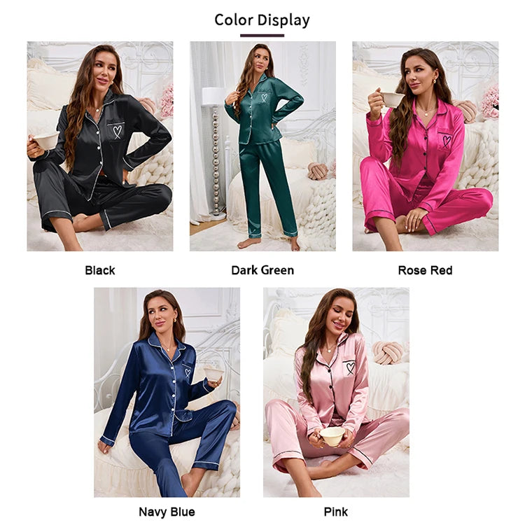 Women's Home Clothes Satin Pajama Autumn Long Sleeve Pocket Heart-shaped Embroidery Tops & Pants Pyjama Femme Loungewear Pj Set