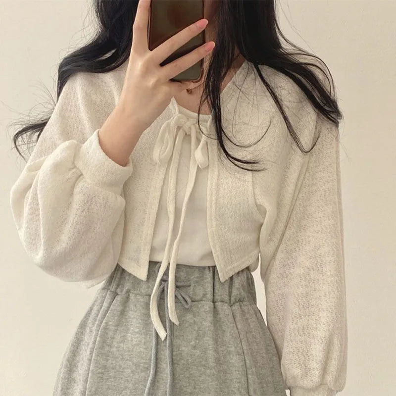 Rimocy 2023 Thin White Cardigan Women Summer Sunscreen Lace-Up Knitwear Top Female Korean Style Lantern Sleeve Short Coat Woman