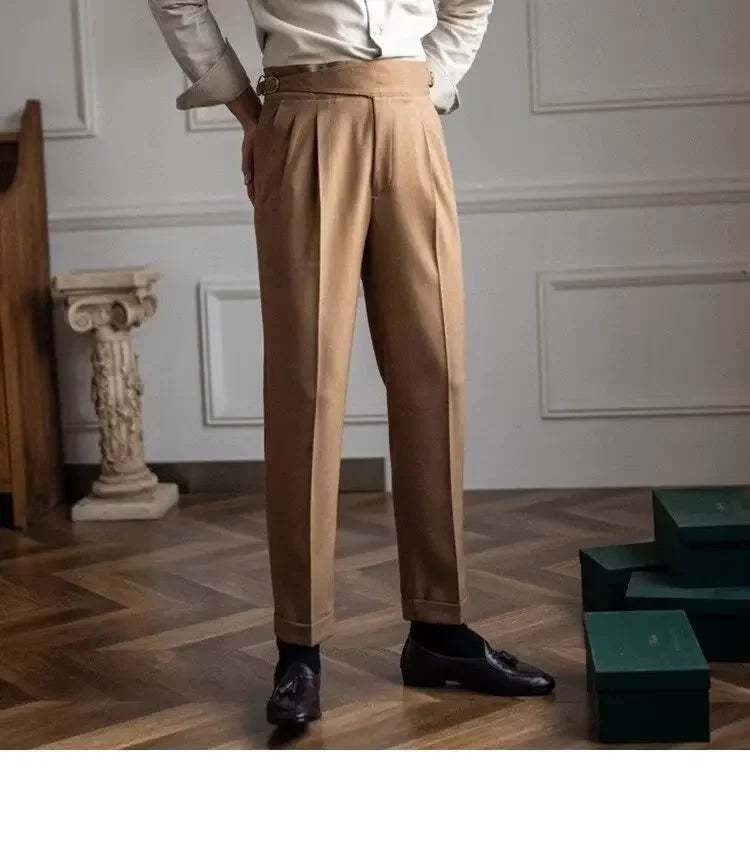High-waisted Casual Straight-leg Suit Pants For Men Autumn Vintage Draped Waist Trousers Naples Retro Style Business Formal Wear