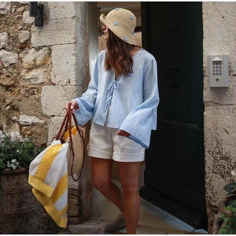 Fashion Lace Up Solid Color V-neck Women 2 Piece Set New Long Sleeve Pleated Loose Short Suit 2025 Spring Female Street Outfits