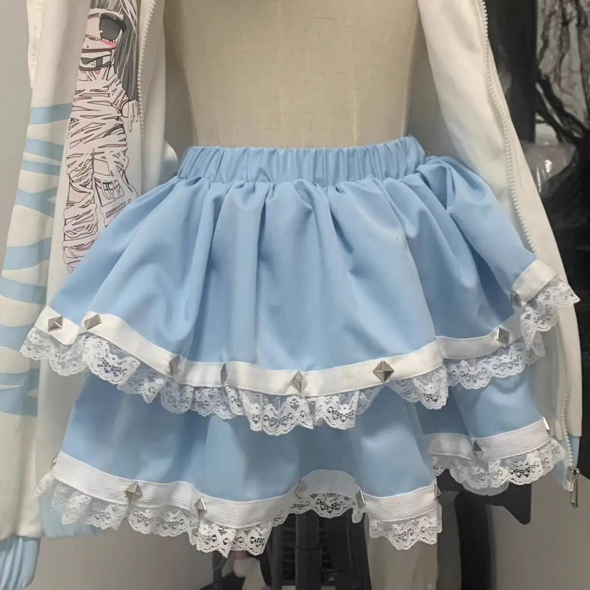 Women Lace Patchwork Rivet Ruffles Tierred Lolita Fairy Mini Skirts Summer Female High Waist Sweet Kawaii Chic Y2K A Line Skirt