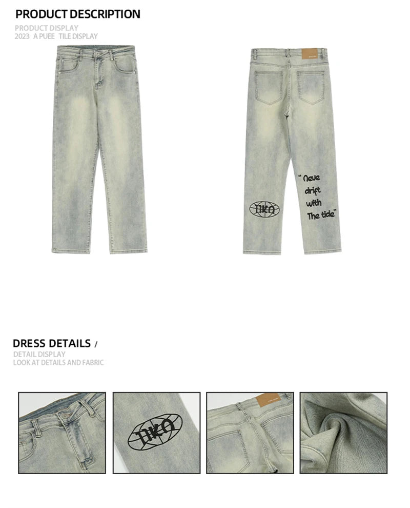 American Gothic Letter Men's Baggy Jeans Y2K Retro Harajuku Straight Denim Trousers Hip Hop Fashion Printed Jean Man Pants