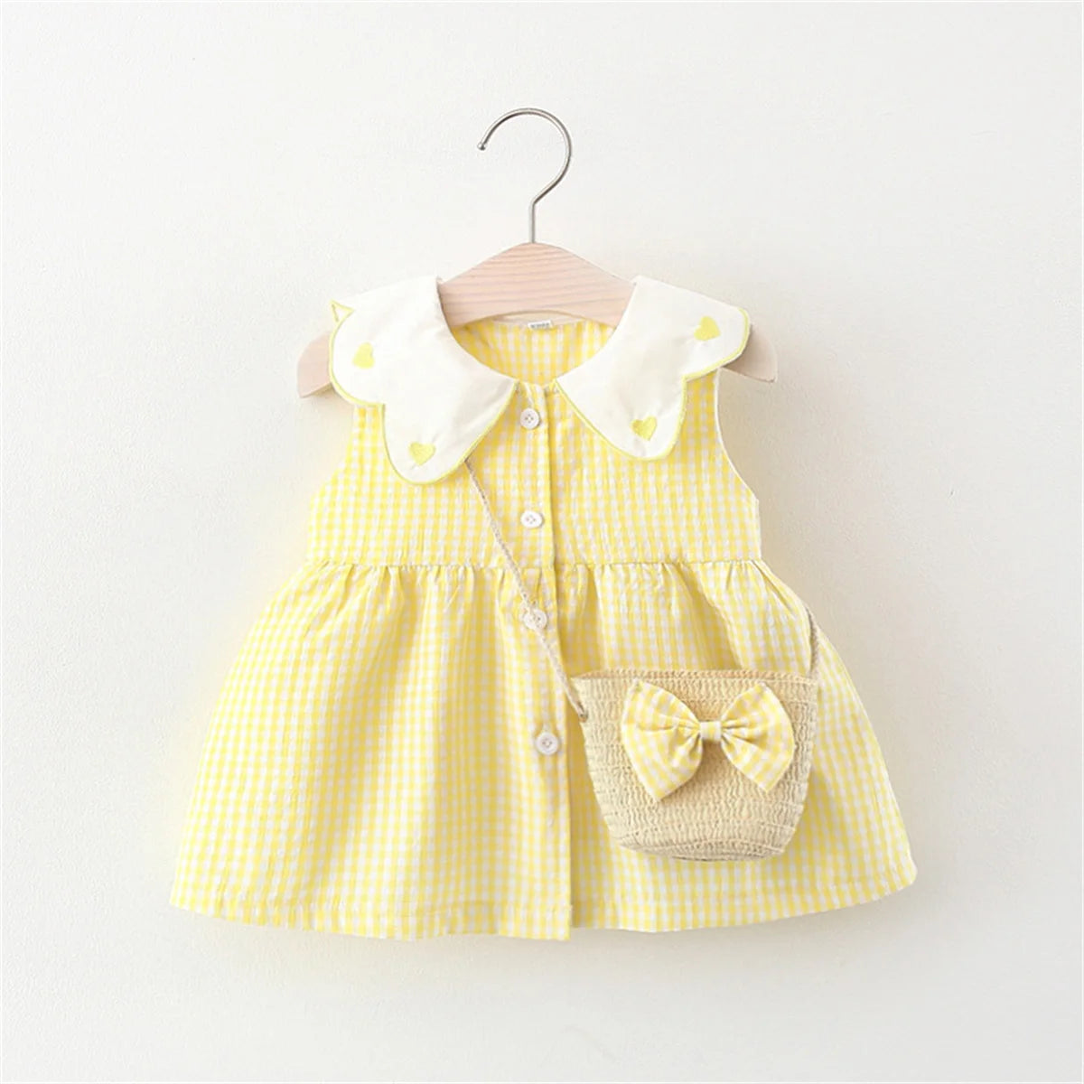 Summer Newborn 2-Piece Girl Infant Cotton Dress And Backpack Baby Embroidered Flip Collar Checkered Sleeveless Beach Dress