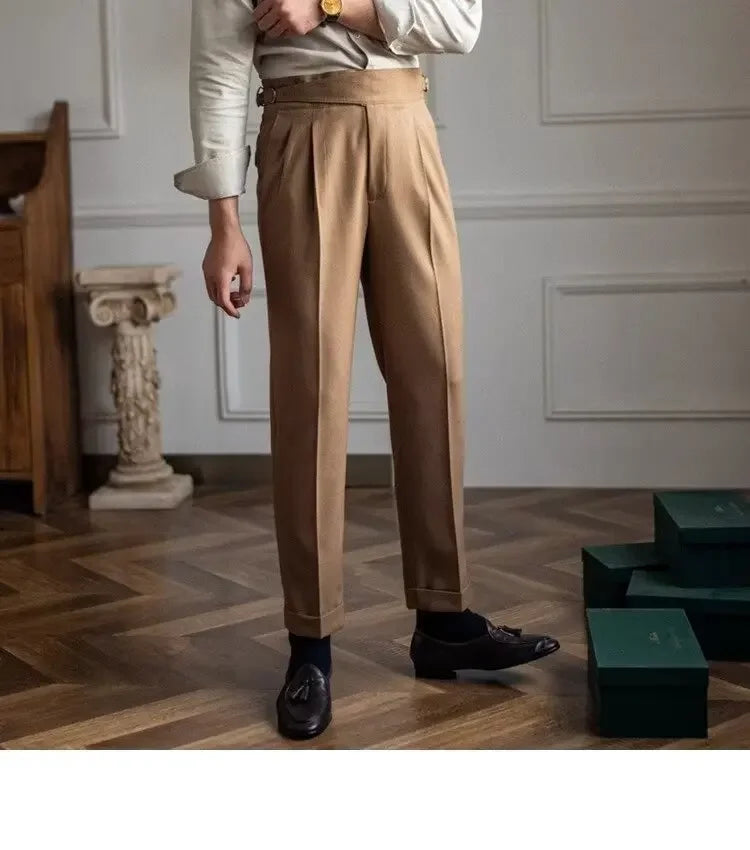High-waisted Casual Straight-leg Suit Pants For Men Autumn Vintage Draped Waist Trousers Naples Retro Style Business Formal Wear