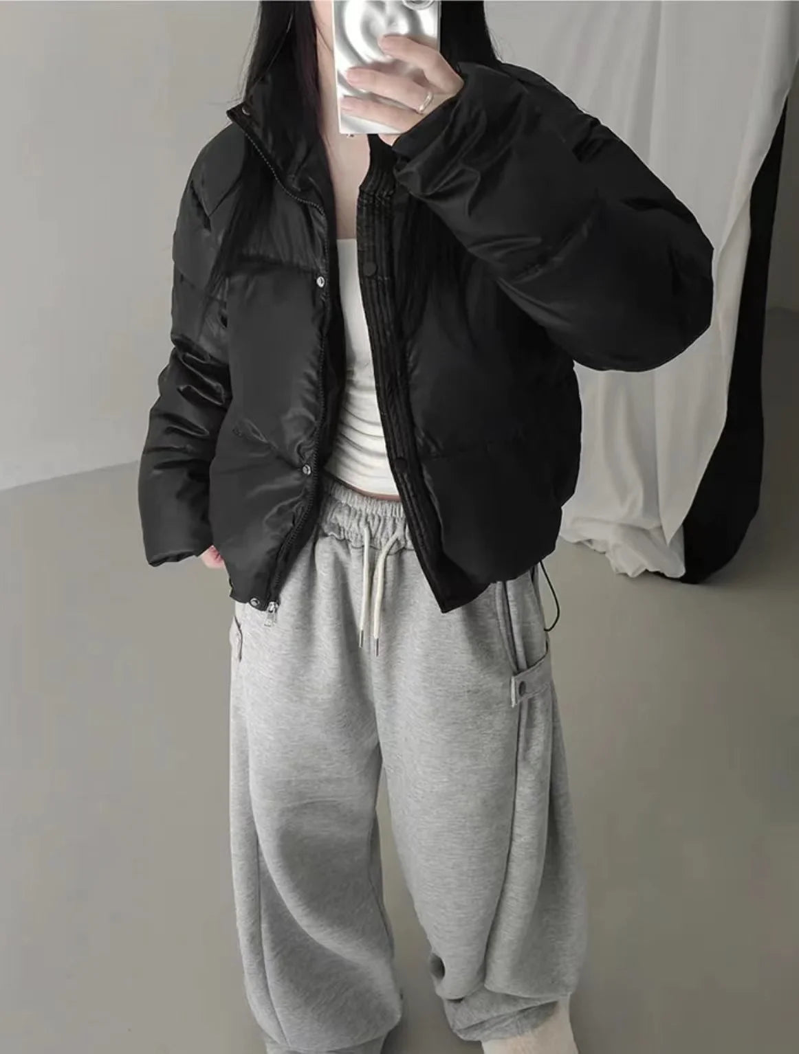 Women's Cotton Jaet 2024 New Winter ort Faion Stand Collar Bread Sle Warmth Outerwear Korean Loose Fit Zipper Closure