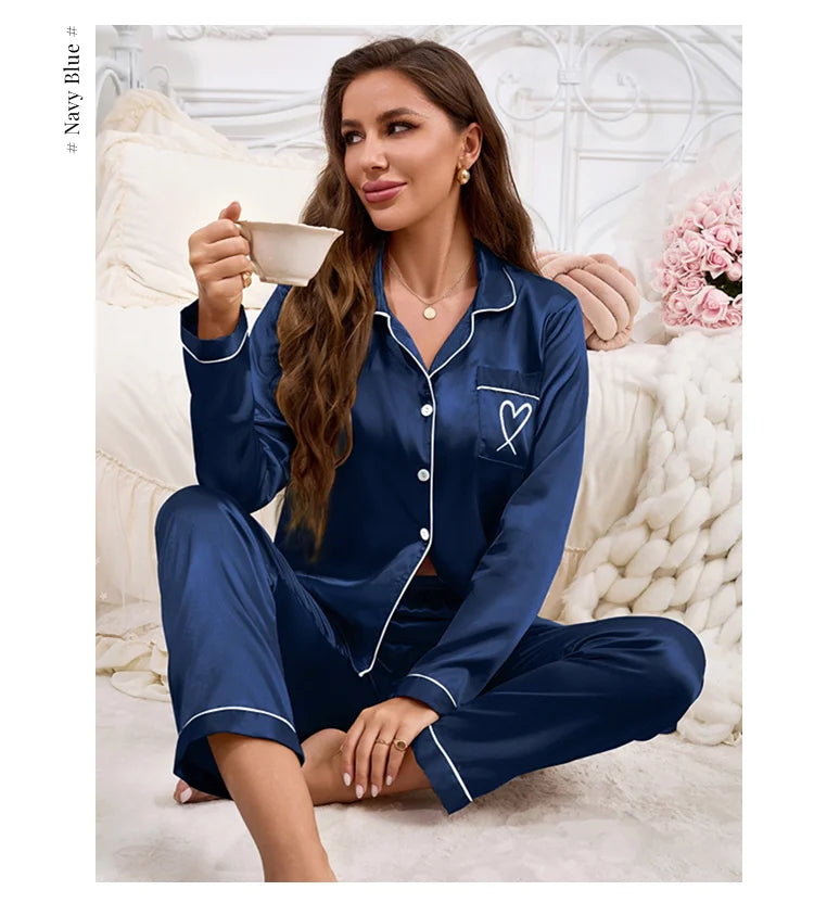 Women's Home Clothes Satin Pajama Autumn Long Sleeve Pocket Heart-shaped Embroidery Tops & Pants Pyjama Femme Loungewear Pj Set