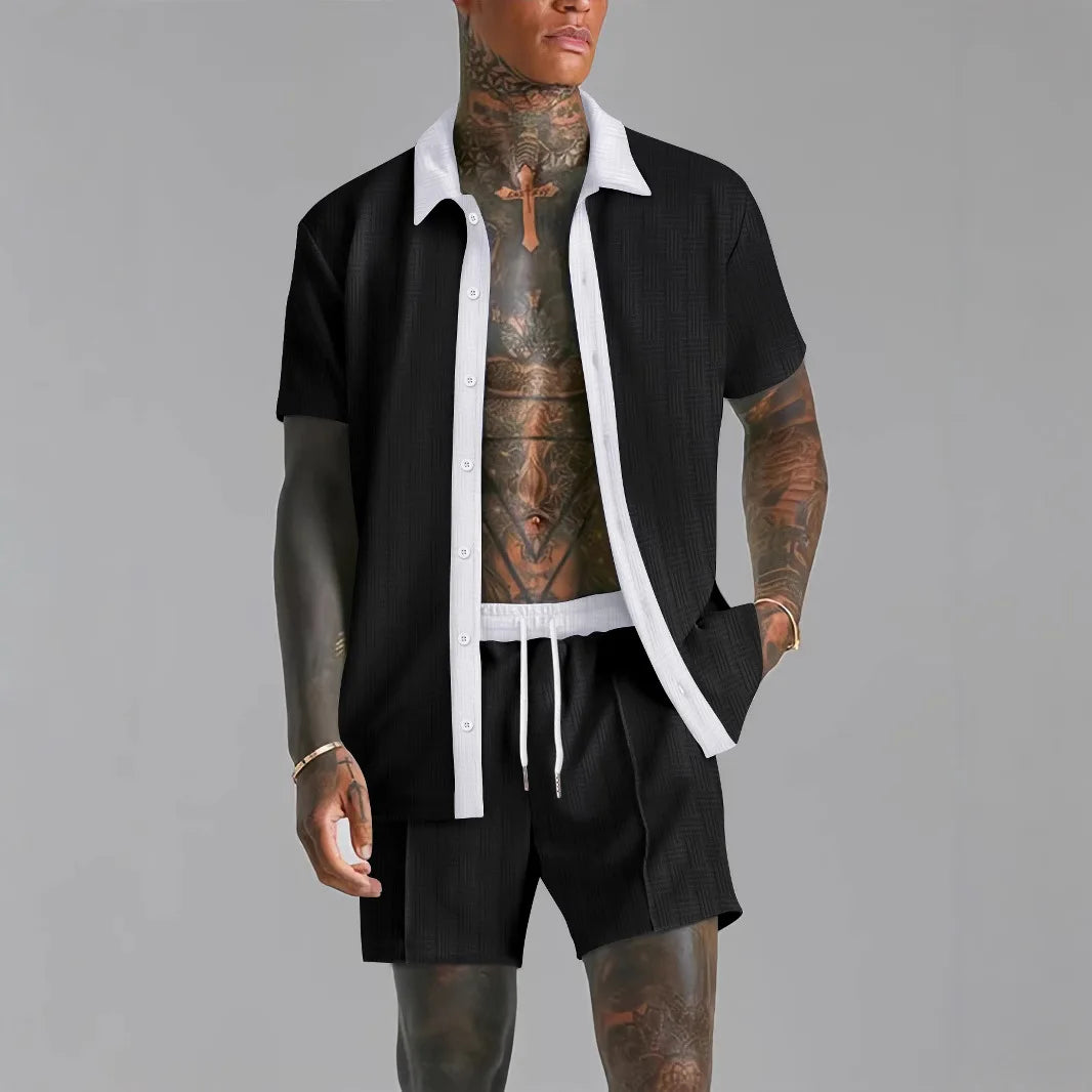 Summer Men's casual suit patchwork transparent lapel short-sleeved shirt & Shorts Stylish and comfortable two-piece streetwear