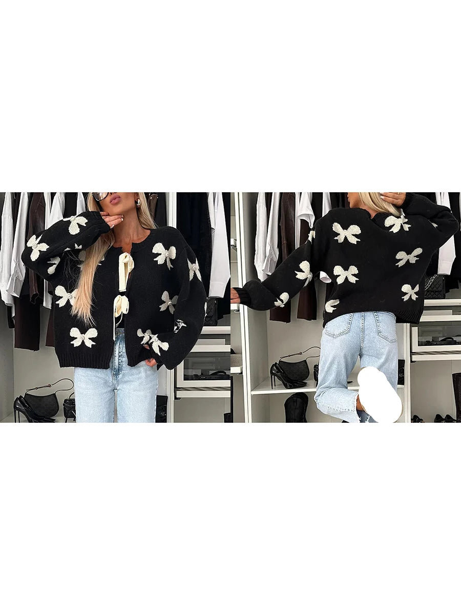 Combhasaki Women's Autumn Y2K Elegant Sweater Cardigan Lantern Long Sleeve Bow Print Pearl Decor Tied Split Front Knitwear Tops