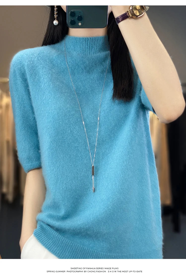 100% pure wool short sleeve summer new women's semi-high neck pullover blouse loose knit vest fashion T-shirt