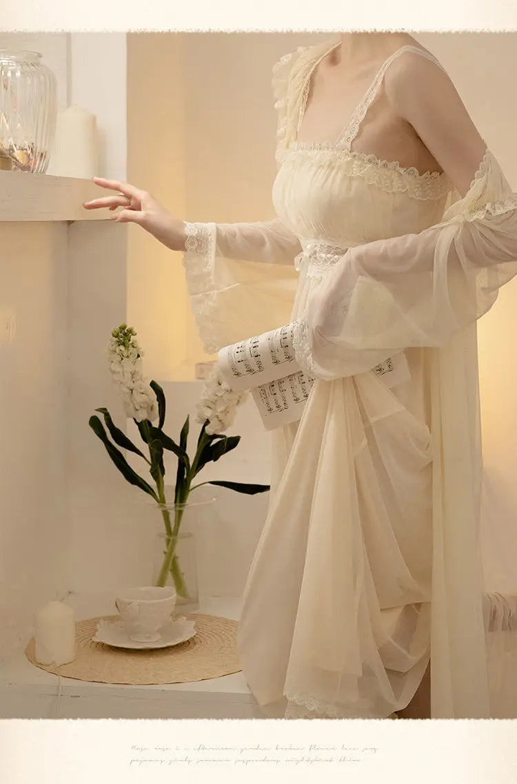 PLUS SIZE 2PCS Robe Set Female Court Style Satin Nightdress Sexy Lace Trim Sleep Suit Home Dress Gown Spaghetti Strap Nightwear