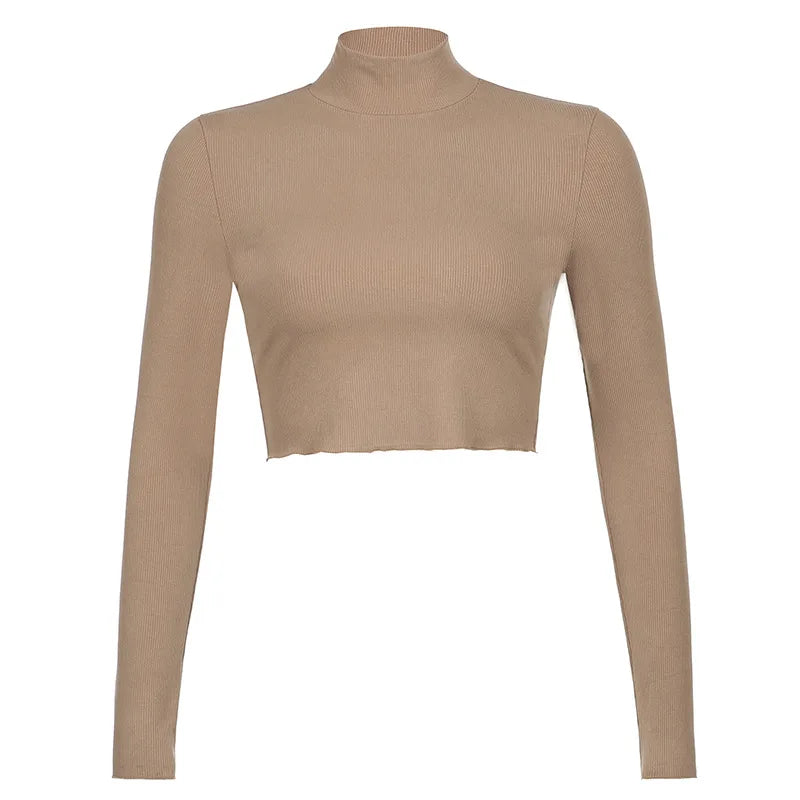 Solid Nude Turtleneck Cropped T Shirt Women Autumn Casual Long Sleeve T-shirt Ladies Skinny Basic Tee Shirt Femme