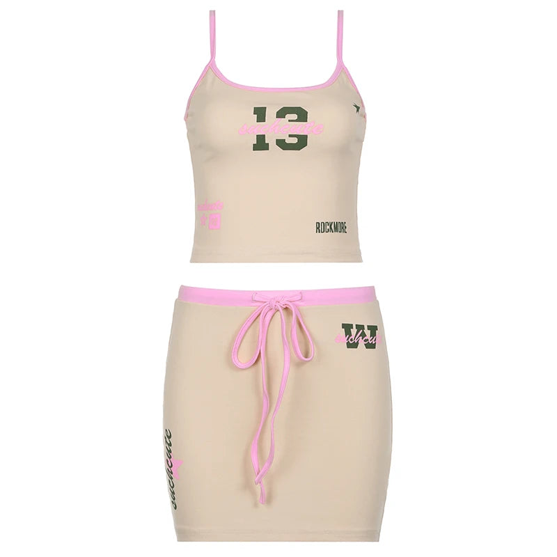 Cuteandpsycho Letter Print Two Pieces of Sets Women's Aesthetic Sexy Fashion Camisole and Mini Skirts Outfit Casual Summer Cloth
